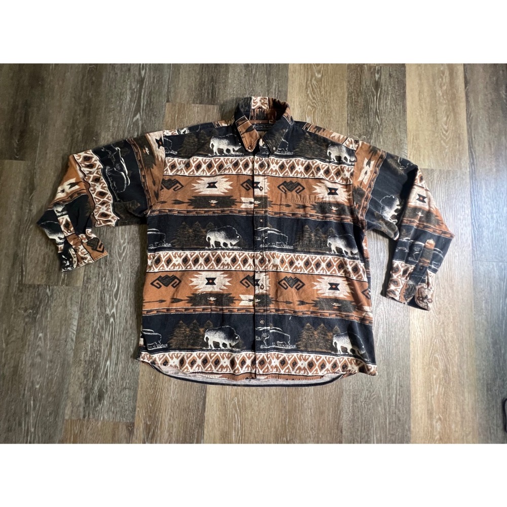 Pacific Crest Button Down Mens XL Brown Southwestern Buffalo Print Flannel Shirt